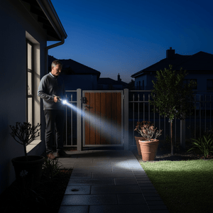 Man holding a bright LED tactical flashlight illuminating a gate and pathway at night