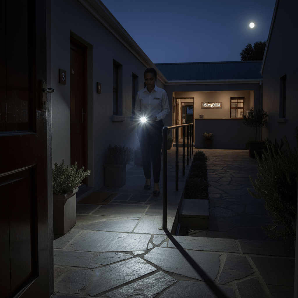 Woman in uniform holding a bright LED flashlight on a stone pathway at night, with a lit reception sign in the background.