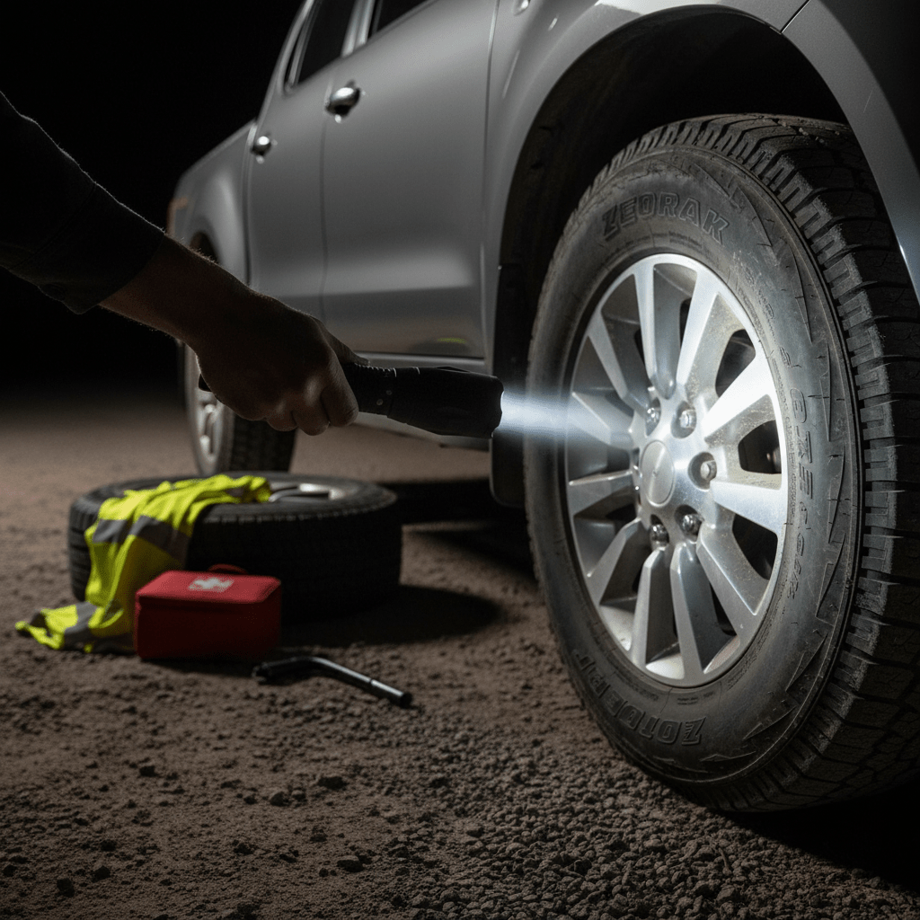 Hand holding a black LED tactical flashlight shining a beam onto a car tire, with spare tire and first‑aid kit on gravel.