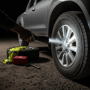 Hand holding a black LED tactical flashlight shining a beam onto a car tire, with spare tire and first‑aid kit on gravel.