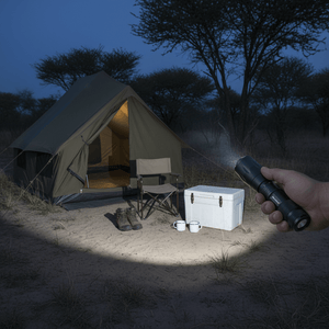 Hand holding a black LED tactical flashlight illuminating a campsite with a tent, chair, cooler and mugs on sand.