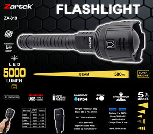 Zartek Extreme Bright 5000 Lumen Rechargeable Flashlight with zoom beam and rubberised grip