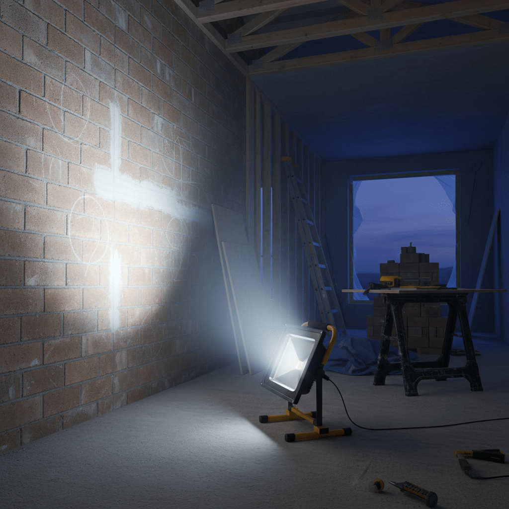 A rechargeable LED work light illuminating a brick wall in a dimly lit construction space, with tools and a ladder in the