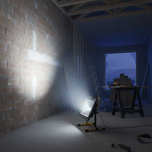 A rechargeable LED work light illuminating a brick wall in a dimly lit construction space, with tools and a ladder in the