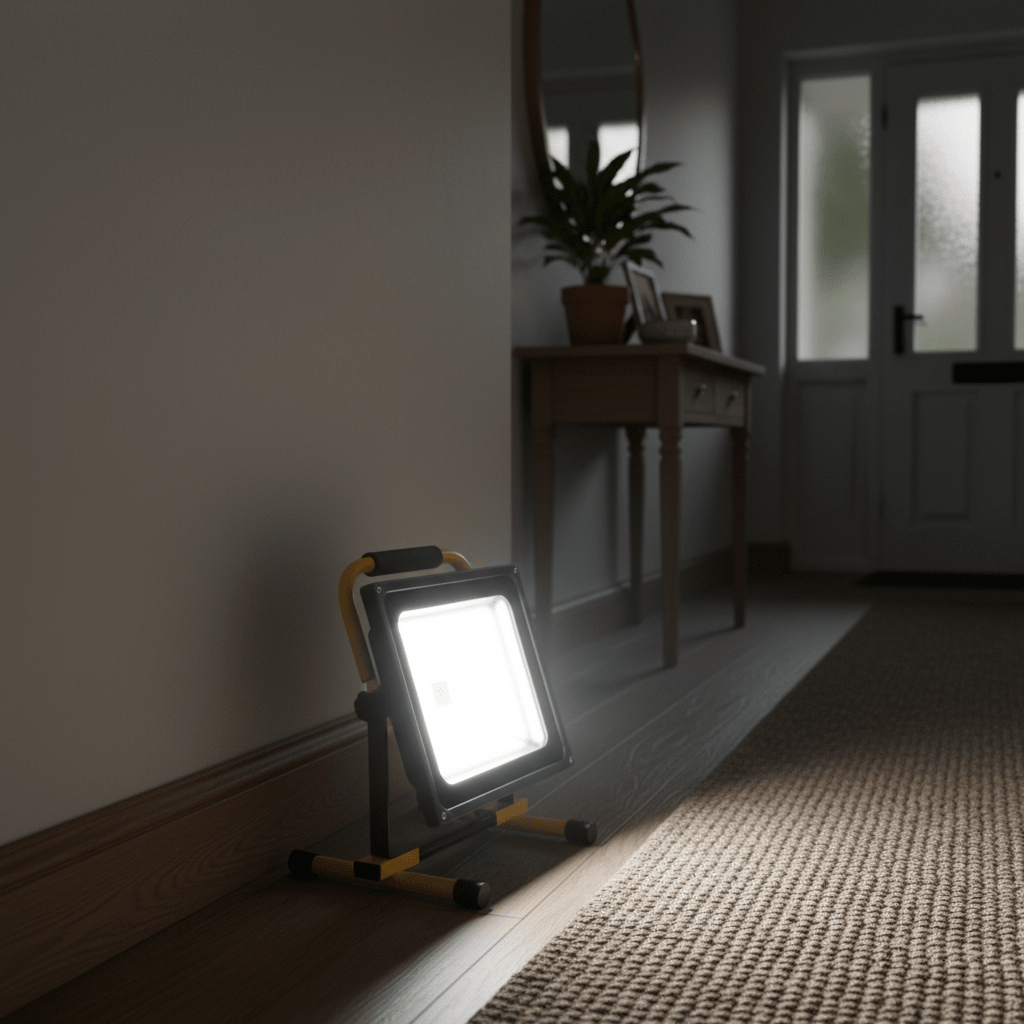 Rechargeable portable worklight illuminating a hallway, showcasing its bright LED light and sturdy design.