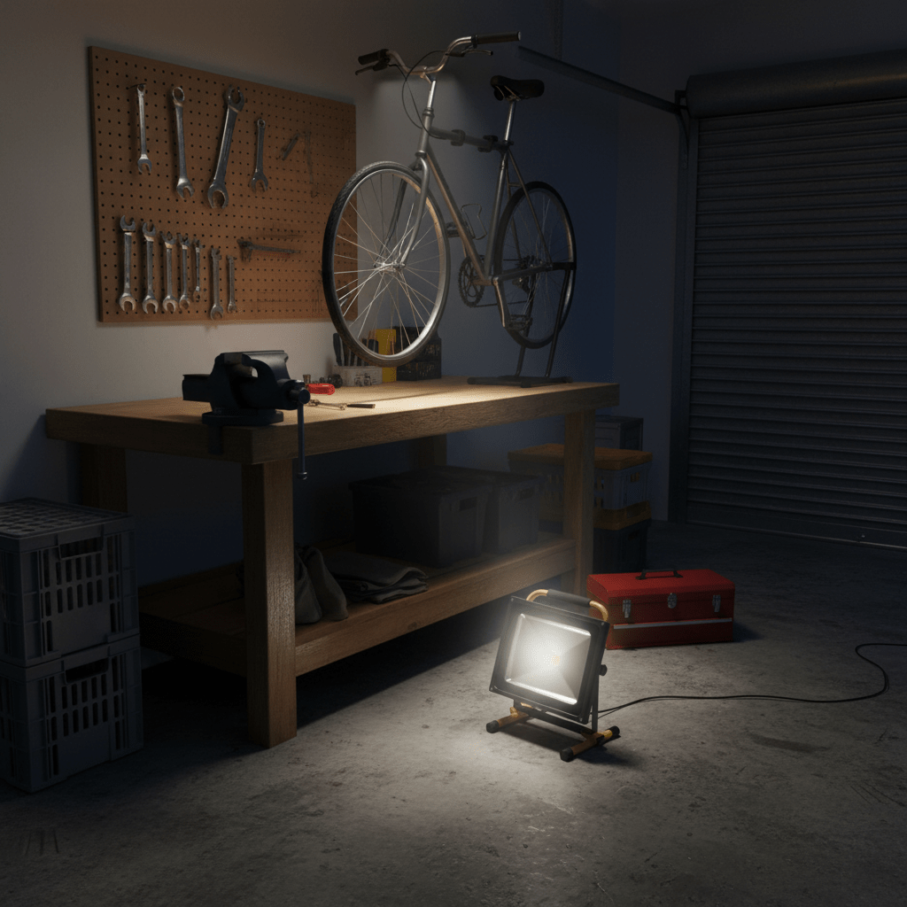 A portable worklight illuminating a garage workspace with tools and a bicycle in the background.