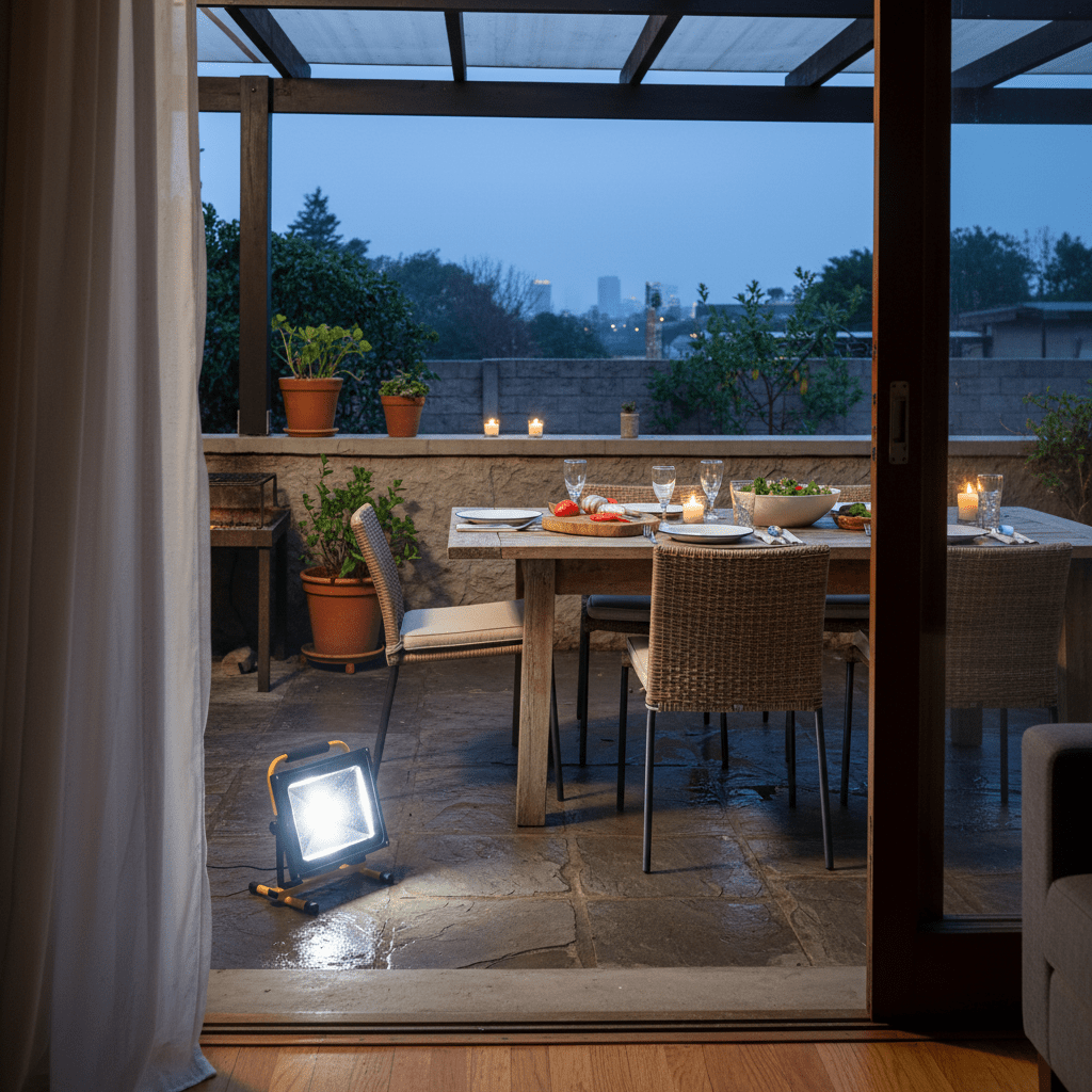 LED work light illuminating a dining area outdoors, with a table set for dinner and potted plants.