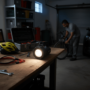 LED torch on wooden workbench, bright beam on, tools nearby, garage background with man fixing bike.