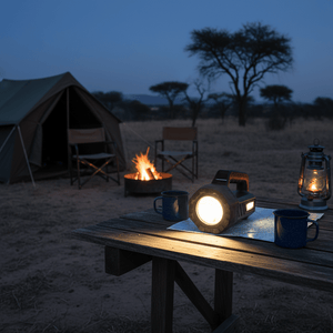 LED spotlight on wooden table lighting a map, with mugs, lantern, fire and tent in background