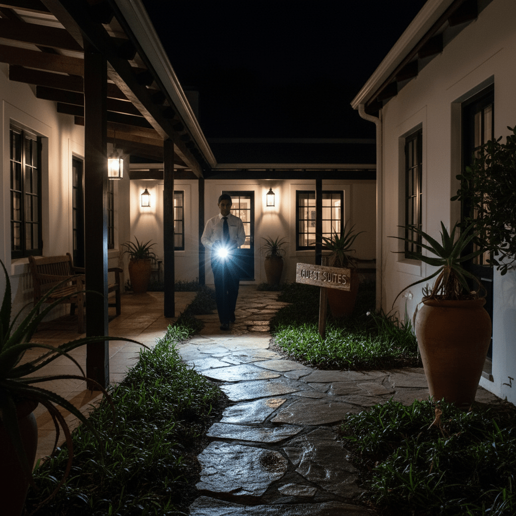 Man holds a bright LED spotlight on a stone path at night, lighting a courtyard with a 'GUEST SUITES' sign.