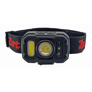 Front view of a USB rechargeable headlamp with dual LED lights and adjustable headband.