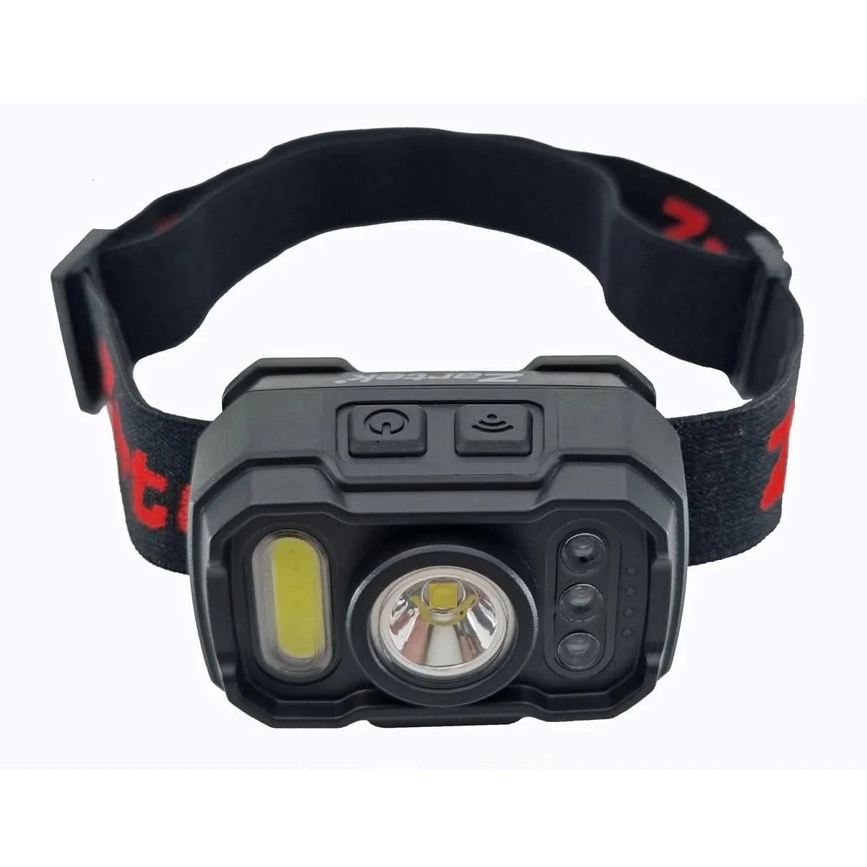 Close-up of a USB rechargeable headlamp with dual LED lights and adjustable headband.