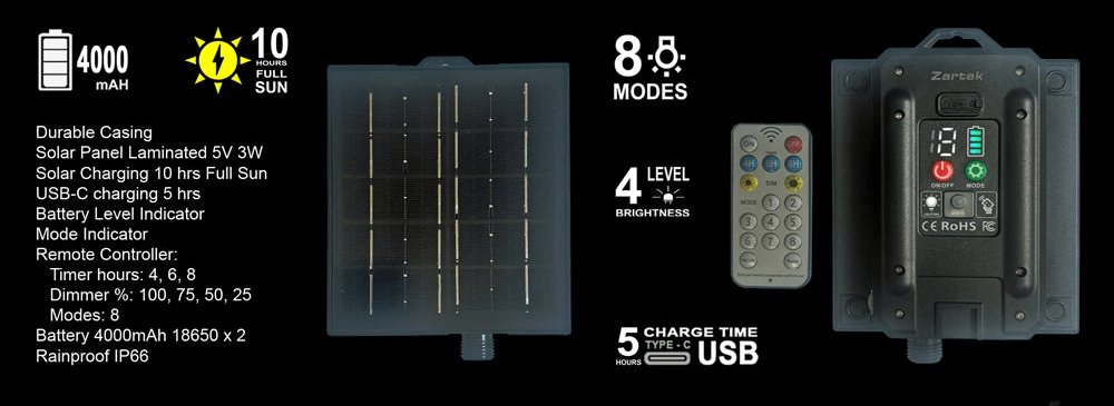 Zartek solar light string product packaging with specifications and features.