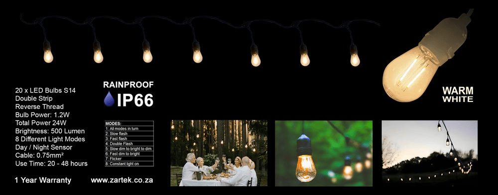 Zartek solar light string product packaging with specifications and features.