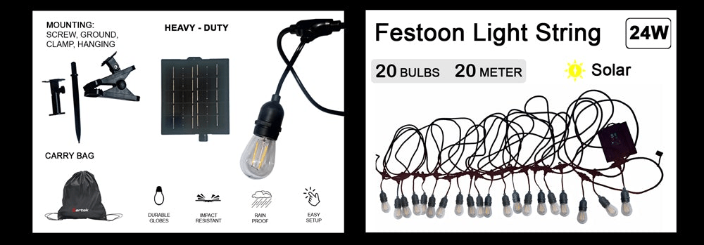 Zartek solar light string product packaging with specifications and features.