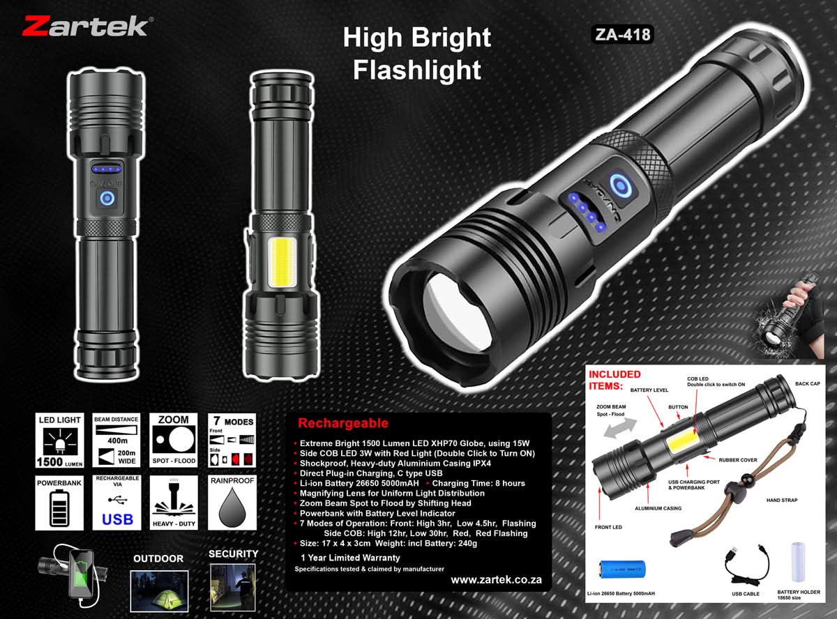 ZA-418 USB Rechargeable LED Extreme Bright Flashlight – 1500 Lumen