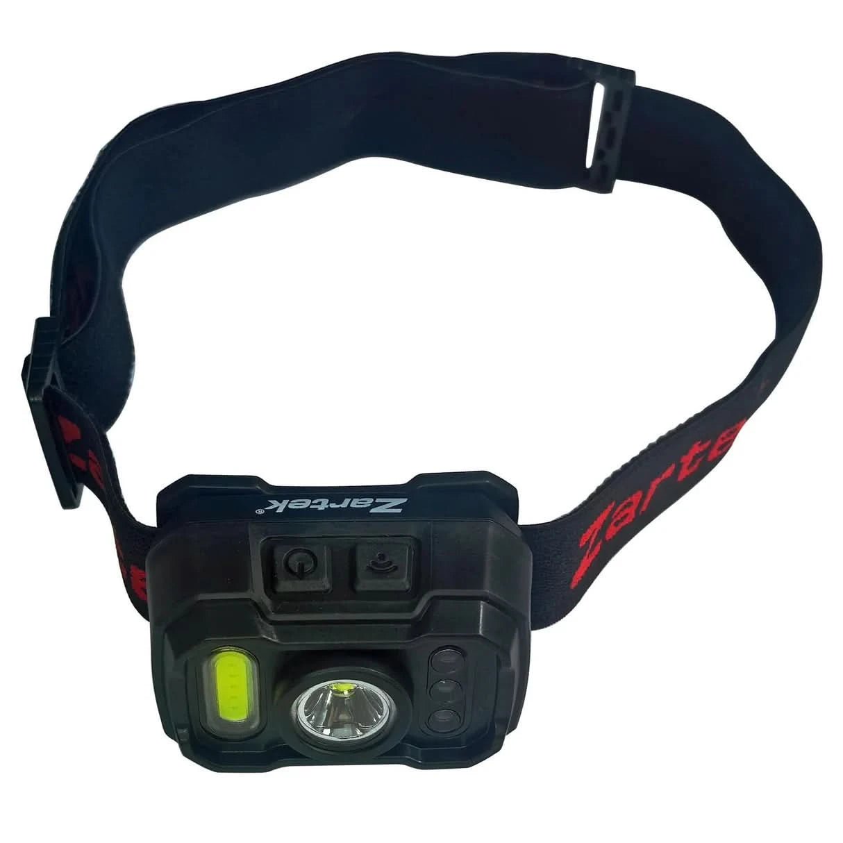 Top view of a USB rechargeable headlamp with adjustable strap and control buttons.