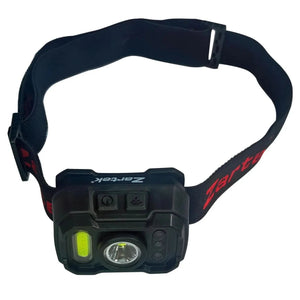 Top view of a USB rechargeable headlamp with adjustable strap and control buttons.