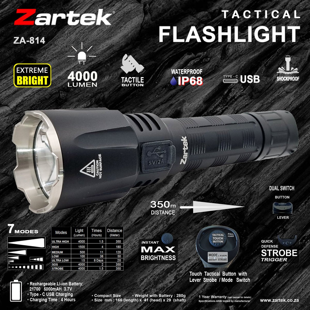 Close-up of Zartek ZA-814 tactical flashlight showcasing its design, features, and specifications.