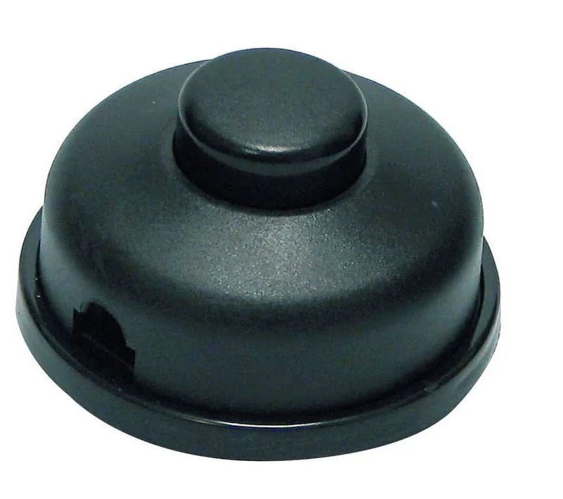 Black inline foot switch for easy lamp control, featuring a compact design and a rounded button.