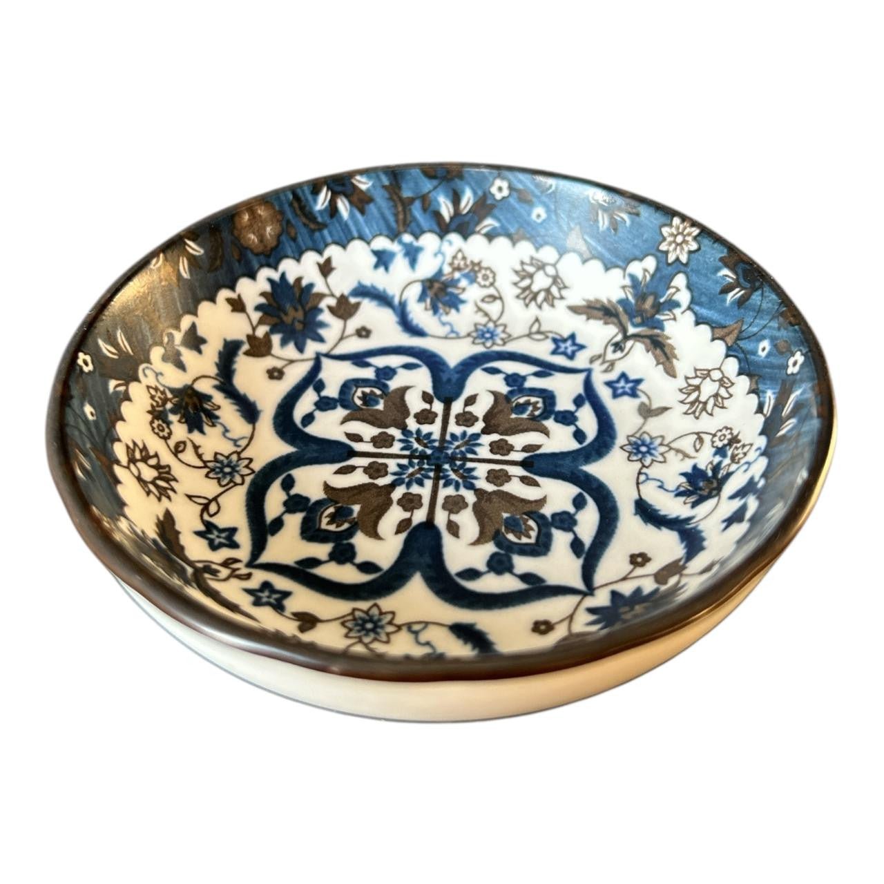 Ceramic Blue Brown Floral Matt Bowl