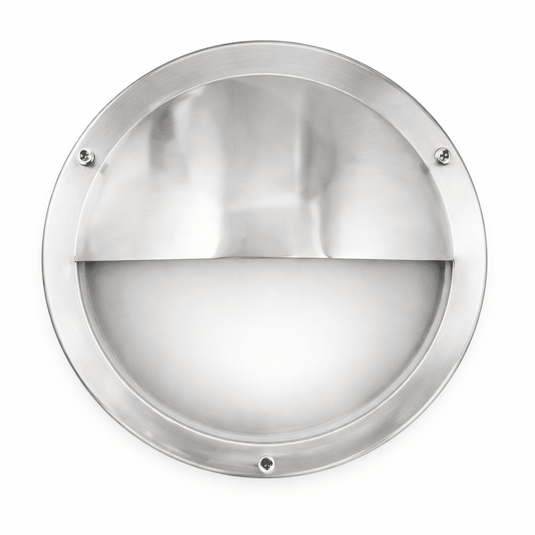 Round metallic light fixture on a white background