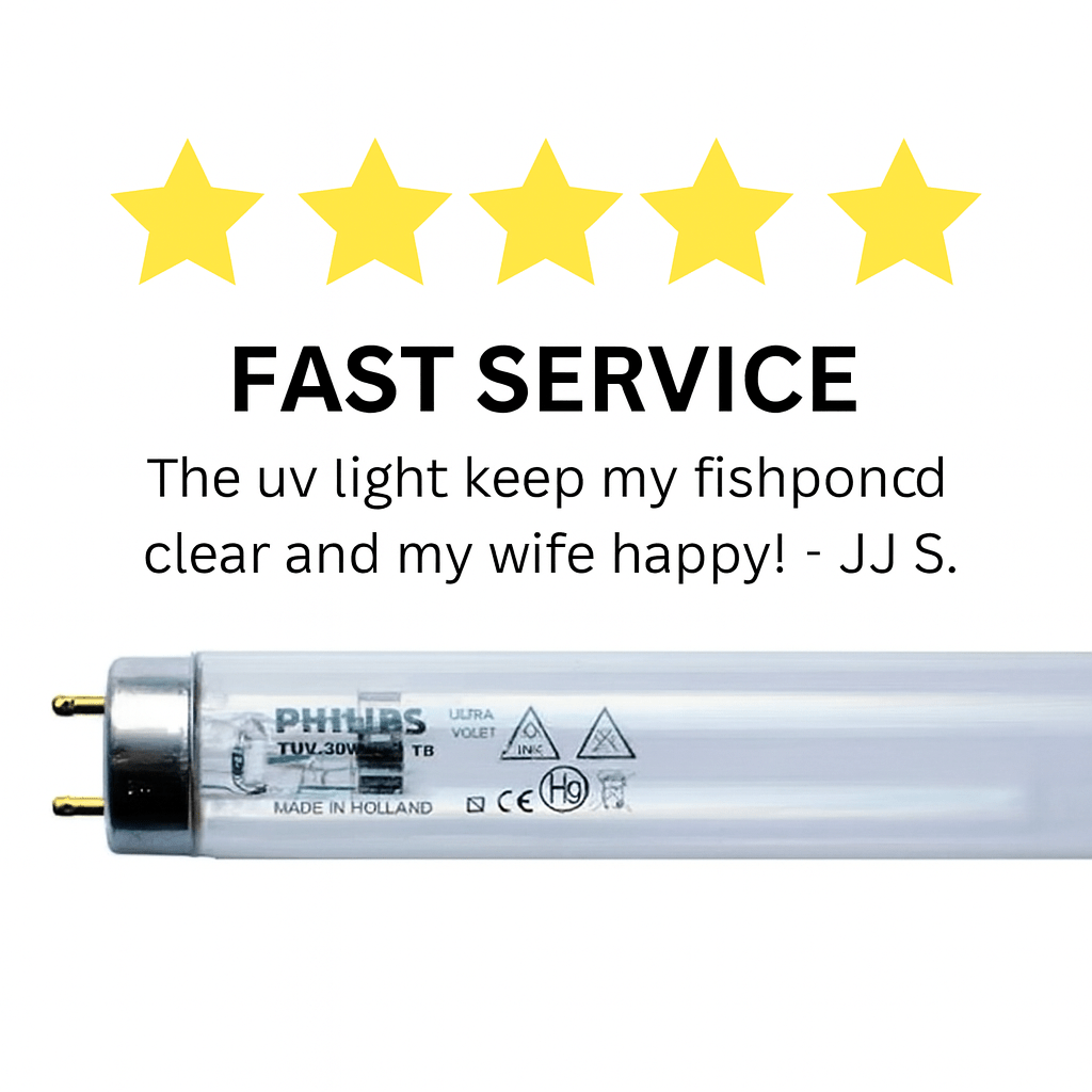 Philips UV light with five-star rating and customer review on a white background