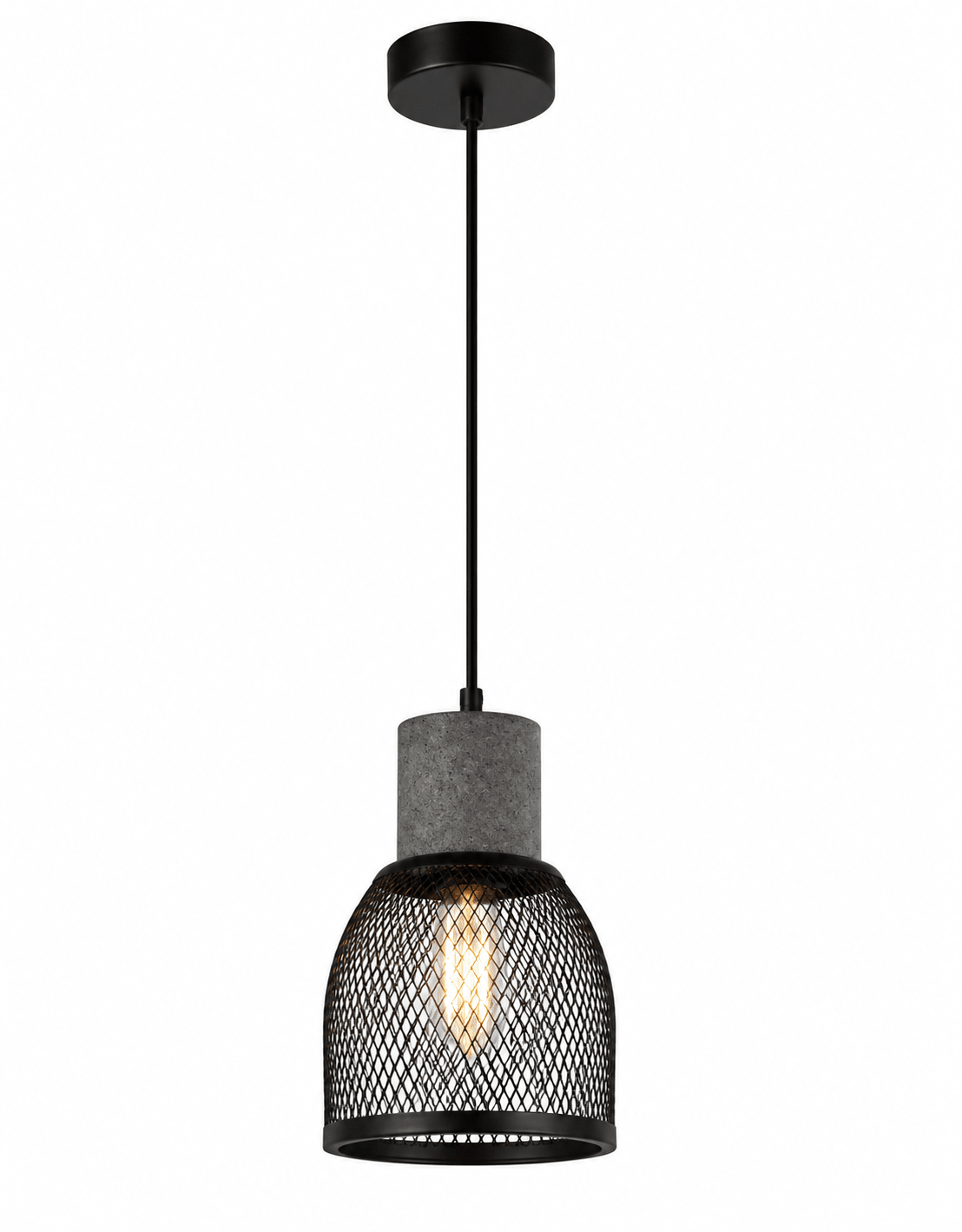 Midnight Dome Mesh & Stone Pendant Light featuring a black mesh dome and stone base, suspended from a ceiling mount.