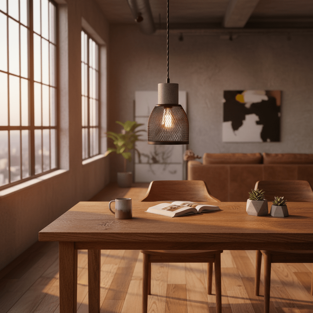 Midnight Dome Mesh & Stone Pendant Light hanging over a wooden dining table with a coffee mug and plants.