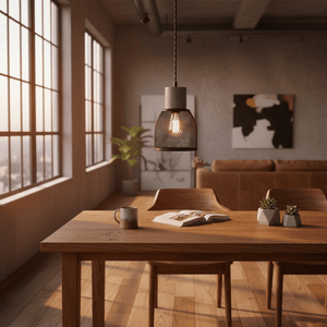 Midnight Dome Mesh & Stone Pendant Light hanging over a wooden dining table with a coffee mug and plants.