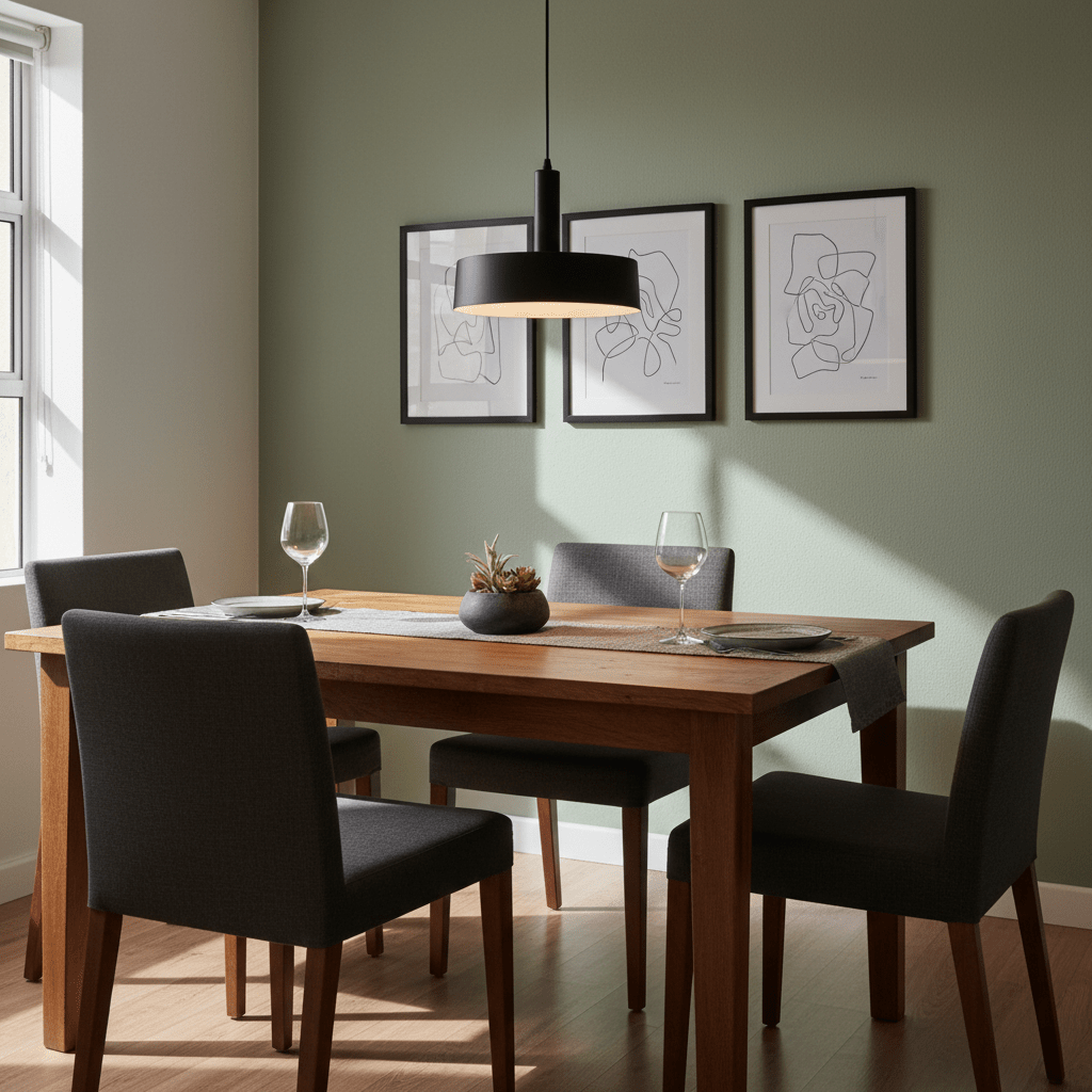 Sombre Black Pendant light hanging above a wooden dining table with dark chairs and wall art.