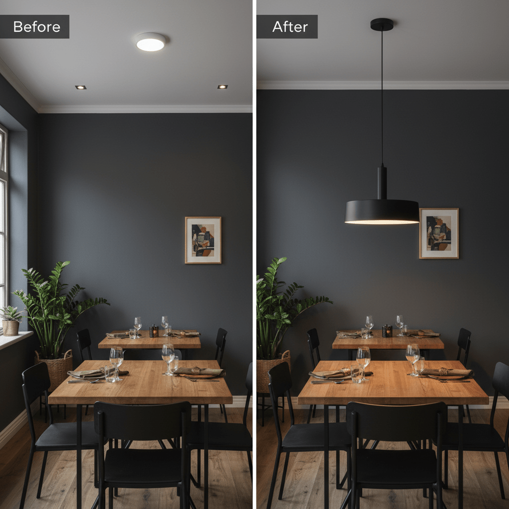 Before and after comparison of a dining area with a pendant light installation.