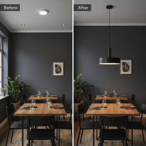Before and after comparison of a dining area with a pendant light installation.