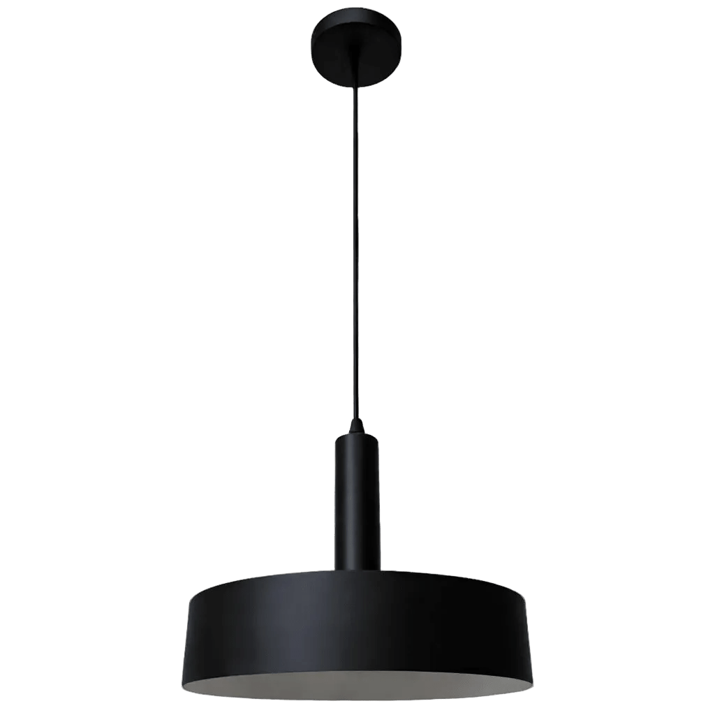Sombre Black Pendant light with a round shade, suspended from a thin black cord and ceiling mount.