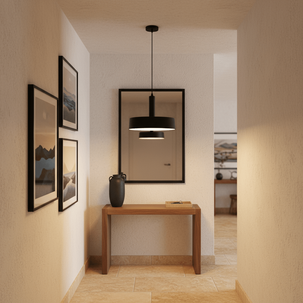Sombre Black Pendant light hanging above a wooden console table in a stylish hallway, complemented by framed artwork.