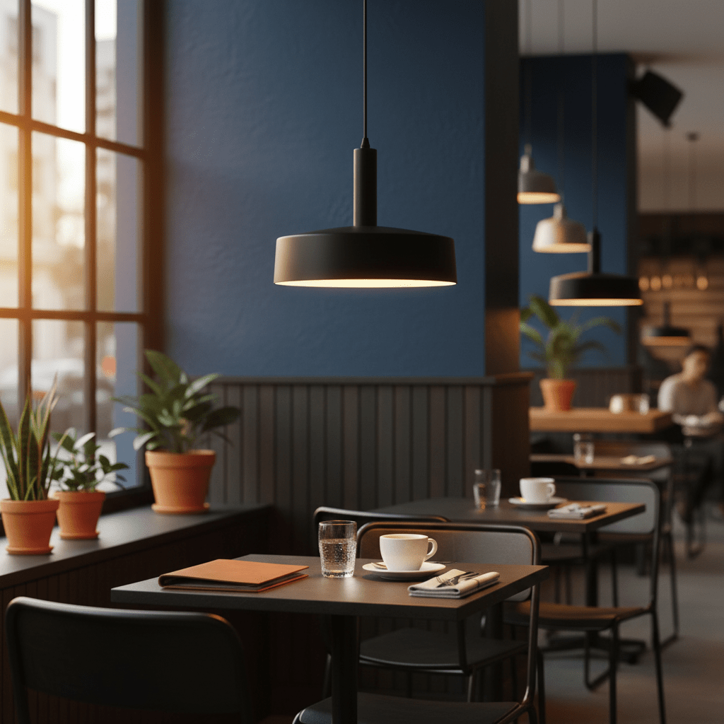 Sombre Black Pendant light hanging in a café, illuminating a table with plants and tableware.