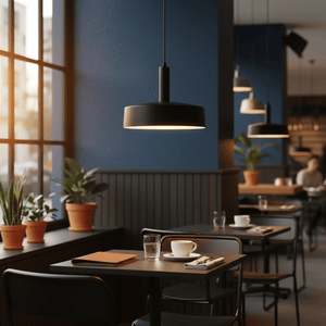 Sombre Black Pendant light hanging in a café, illuminating a table with plants and tableware.
