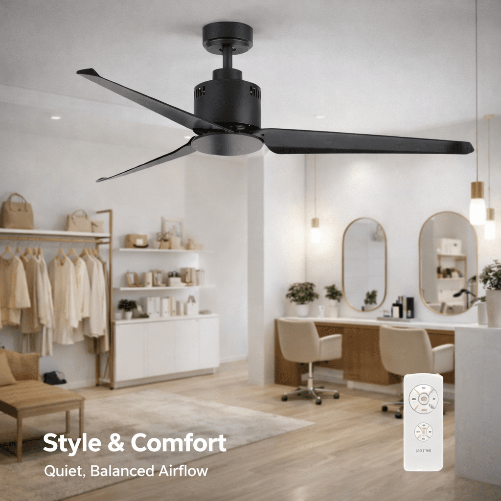 Matt black ceiling fan with three blades installed in a modern indoor space, featuring a remote control.