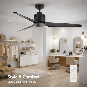 Matt black ceiling fan with three blades installed in a modern indoor space, featuring a remote control.