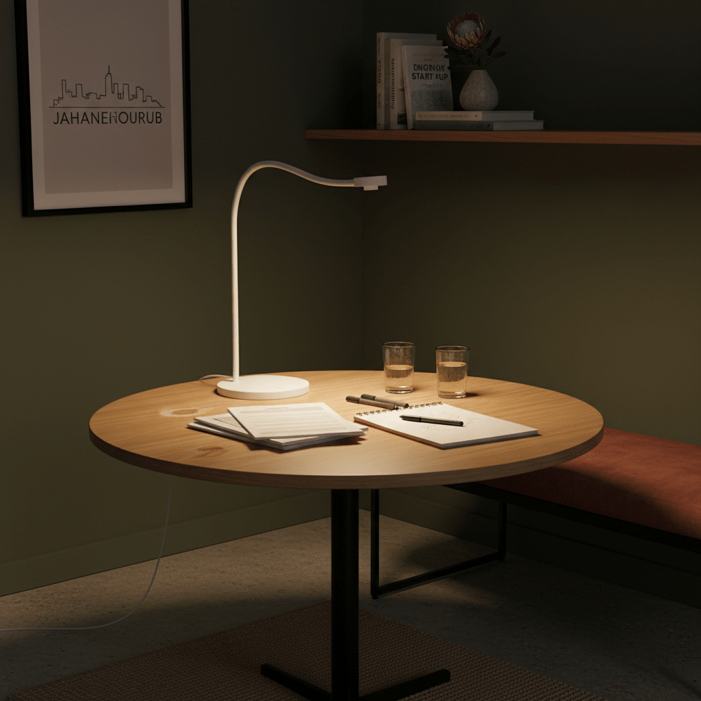 A modern rechargeable desk lamp illuminating a wooden table with notebooks and glasses of water.