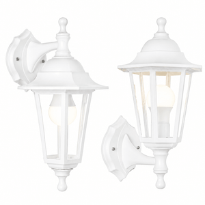 Two white outdoor wall lights on a white background