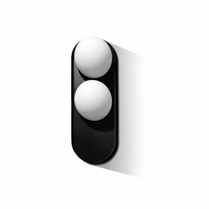 Black and white wall-mounted lamp with two spherical lights on a white background
