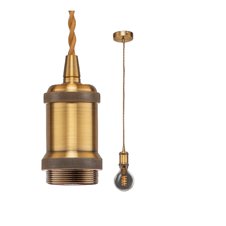 Antique Brass Pendant Light - Twisted Fabric Cord