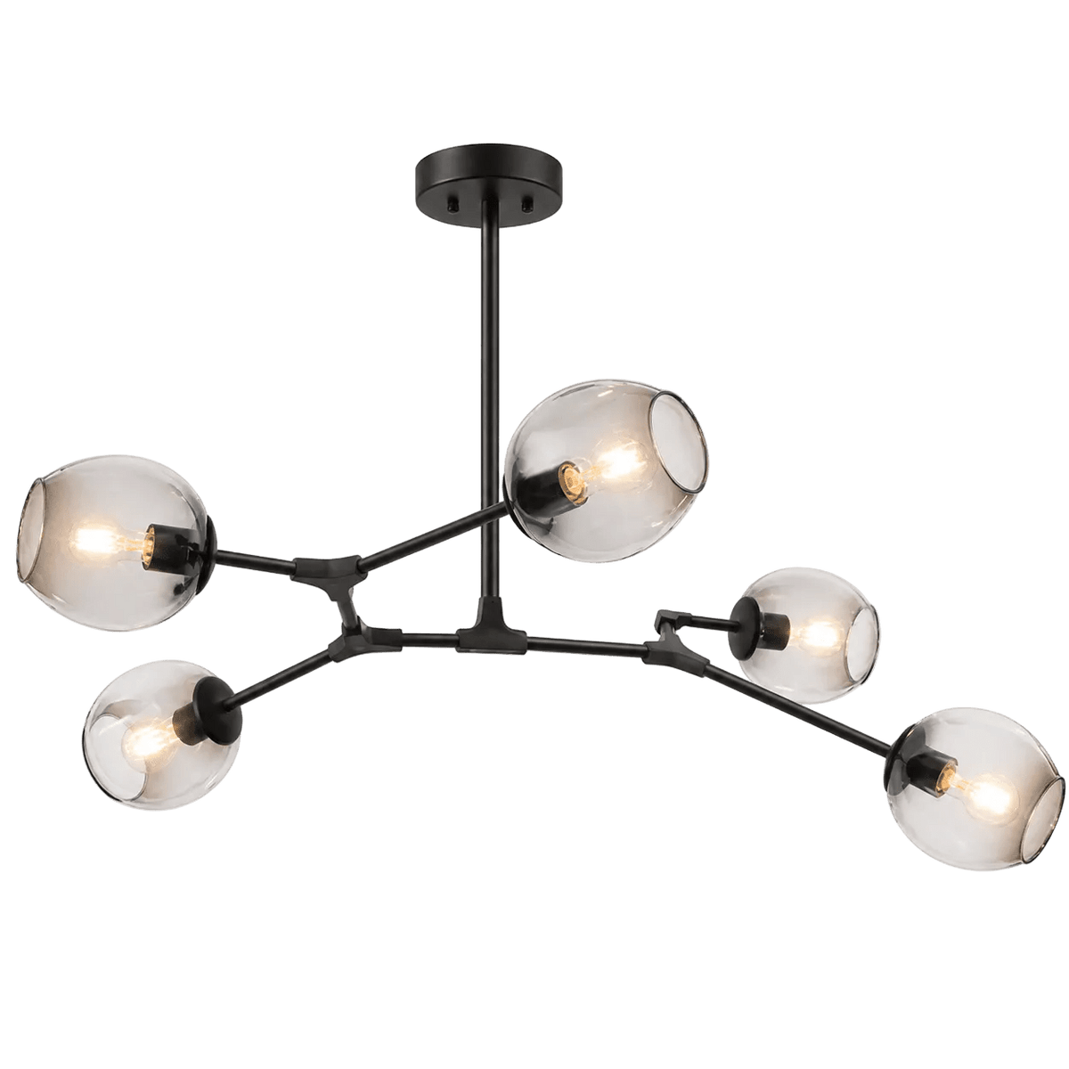 Black pendant light with five clear glass globes, arranged asymmetrically on slender black arms.