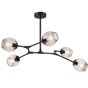 Black pendant light with five clear glass globes, arranged asymmetrically on slender black arms.