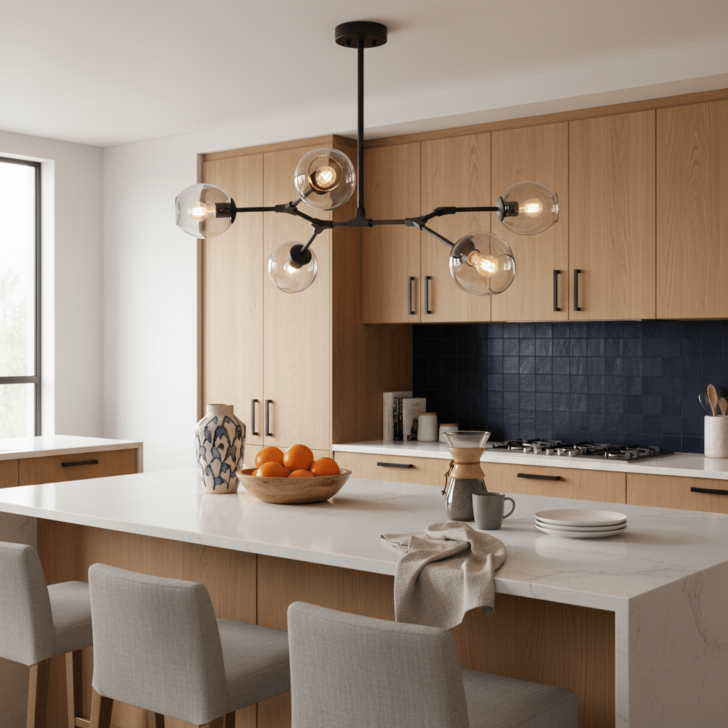 Ratanda 5 Light Black Pendant hanging over a kitchen island with wooden cabinets and a bowl of oranges.