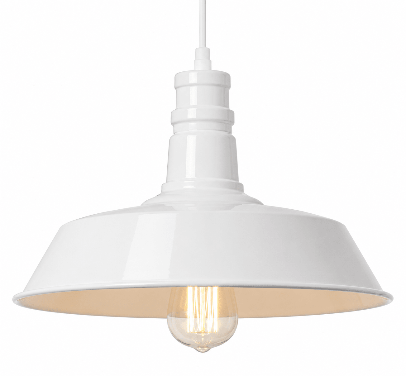 White pendant light with a visible bulb on a white background