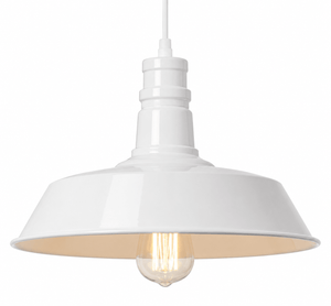 White pendant light with a visible bulb on a white background
