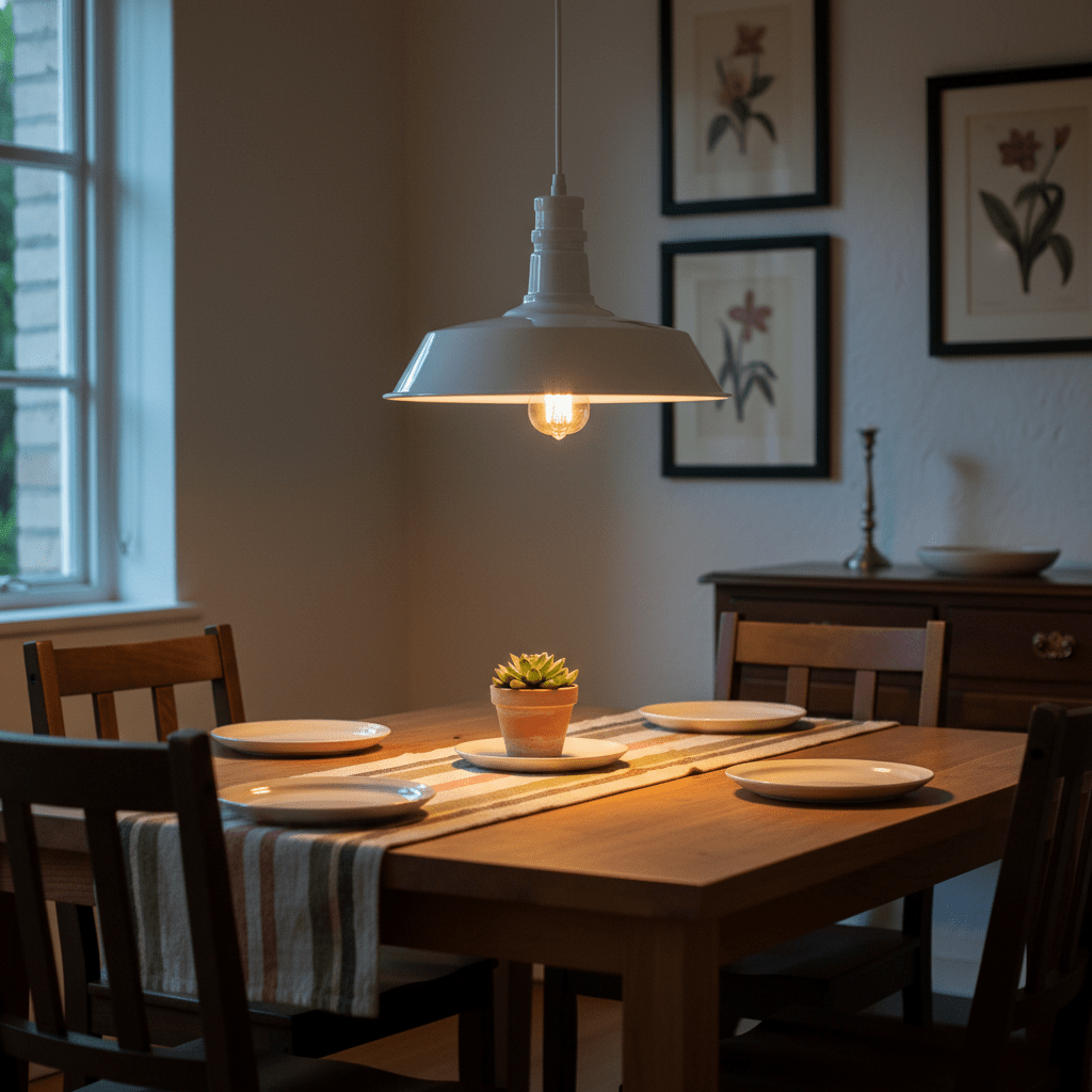 LED pendant light hanging over a wooden dining table set with plates and a small plant.
