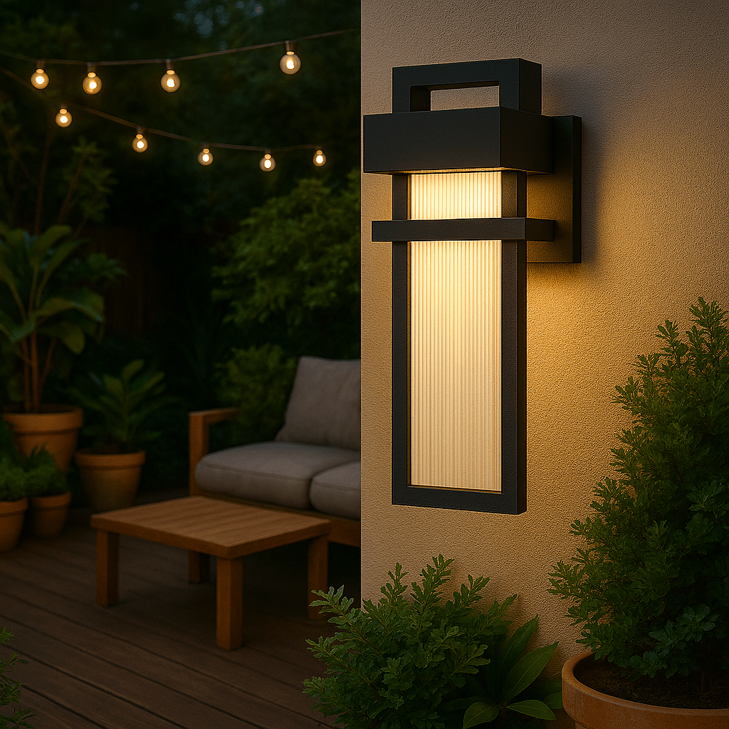Outdoor wall light fixture on a house exterior with patio and plants in the background